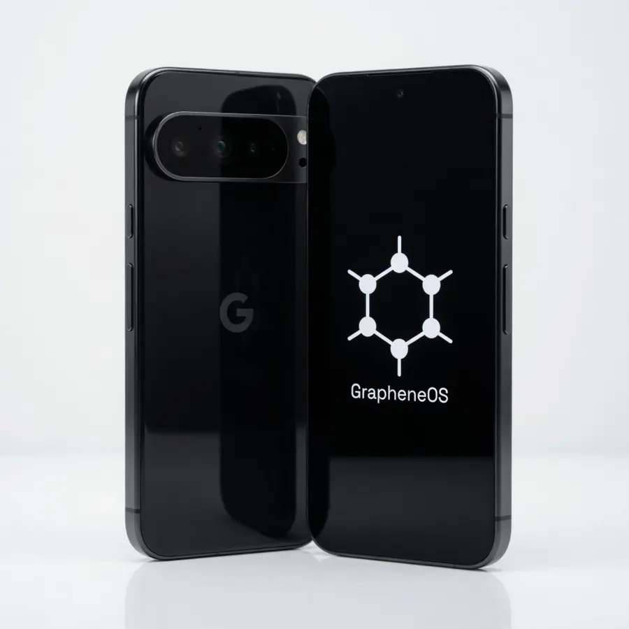 ZeroGhost Phone front and back in black, showing the GrapheneOS logo on screen