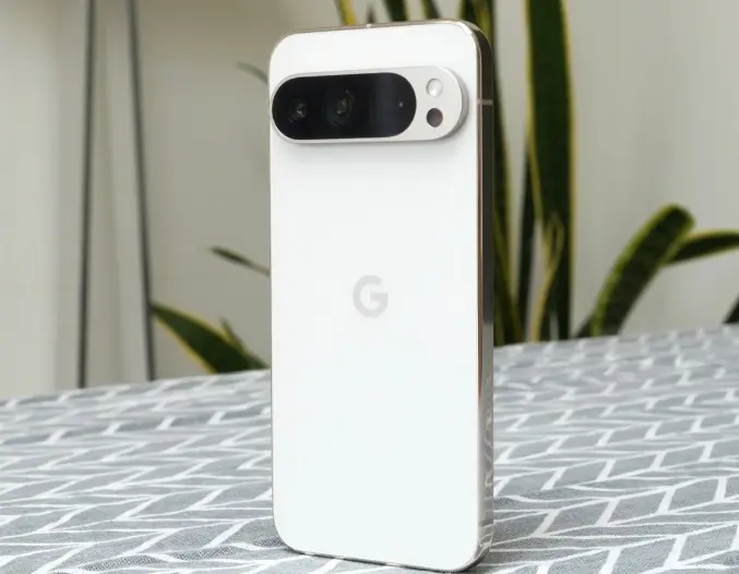ZeroGhost Phone in porcelain white standing upright on a patterned surface